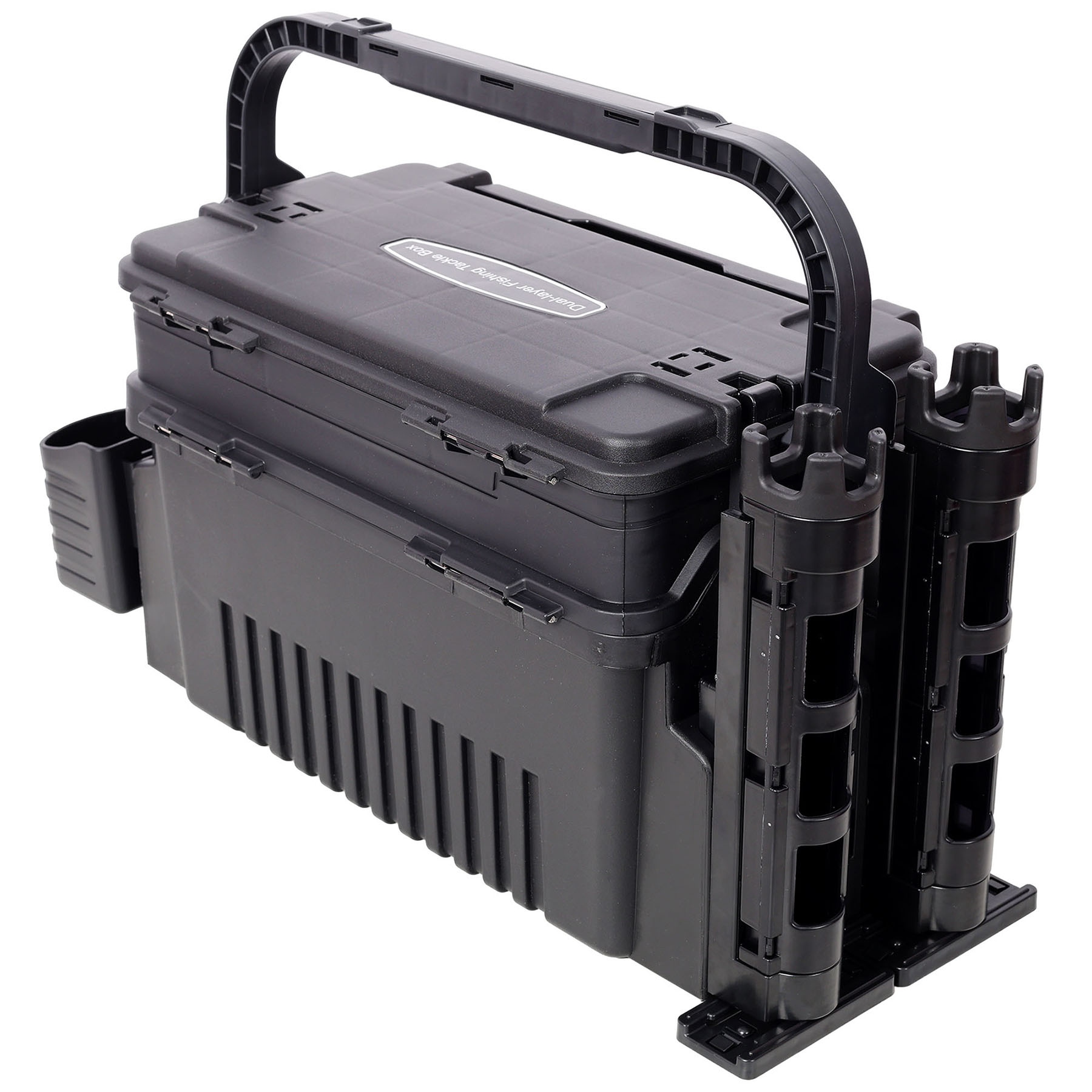 Large Dual-Layer Fishing Tackle Box Organizer With 2 Rod Holders And Cup Holders For Outdoor Fishing Adventures