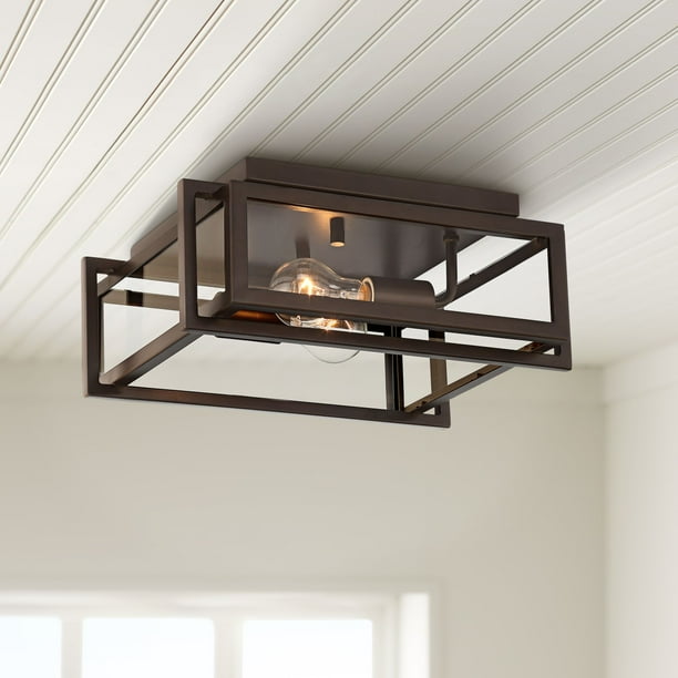 Franklin Iron Works Modern Industrial Ceiling Light Flush Mount Fixture Oiled Bronze 14 Wide 2 Clear Glass Bedroom Hallway Com Franklin Iron Works Modern Industrial, Modern Industrial Ceiling Light Fixtures