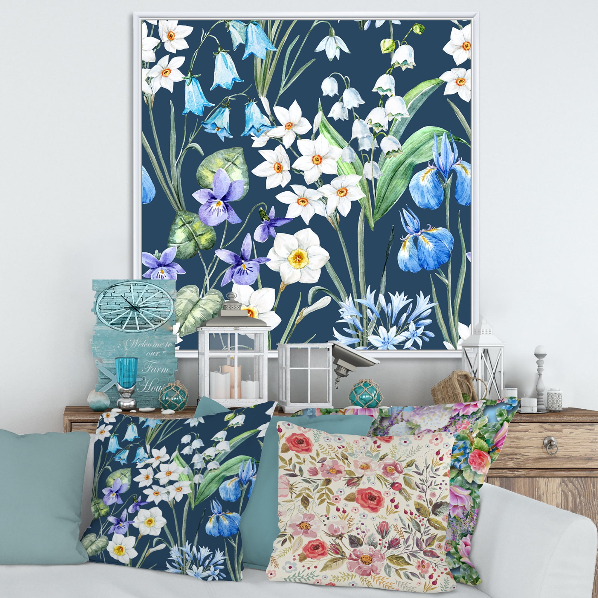 Designart 'Blue and White Spring Flowers On Dark Blue' Traditional Framed Canvas Wall Art Print