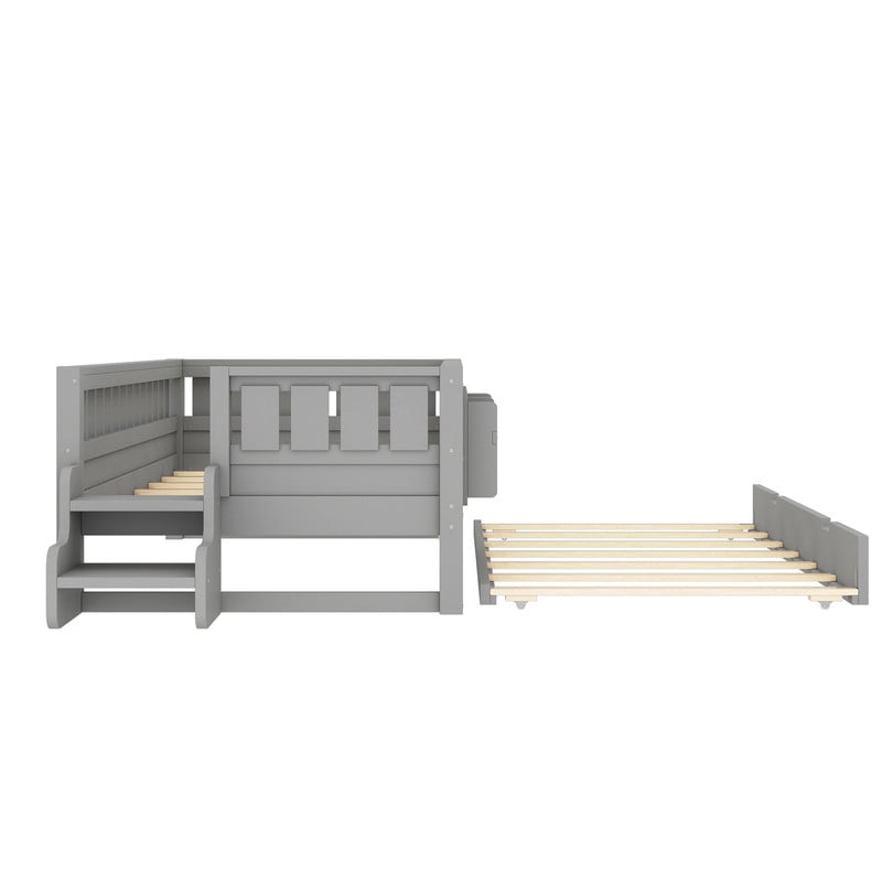 Twin Size Low-Profile Kid's Platform Bed with Built-in Bookshelves & Small Staircase, Wooden Bed Frame with Safety Rails & Trundle