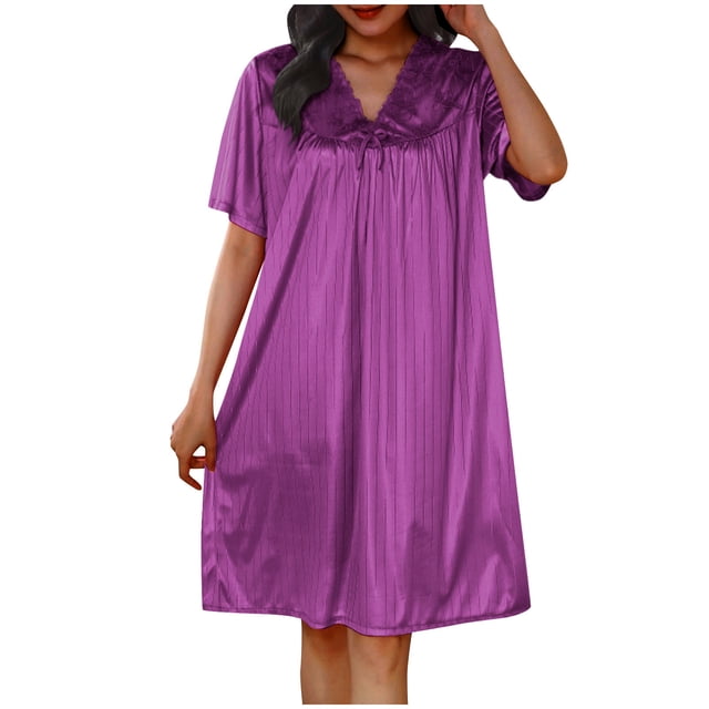 Timegard Chemises de Nuit en Soie pour Femmes Col Rond Manches Courtes Chemises de Nuit Nœud Smocké Décontracté Confortable Robe de Maison