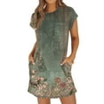 thumbnail image 2 of UoCefik Plus Size Dresses For Curvy Women Formal Short Sleeve Ethnic Floral T-Shirt Dresses Party Crewneck Casual Beach Sundress Business Summer Mini Dress with Pockets Dark Green XXL, 2 of 4