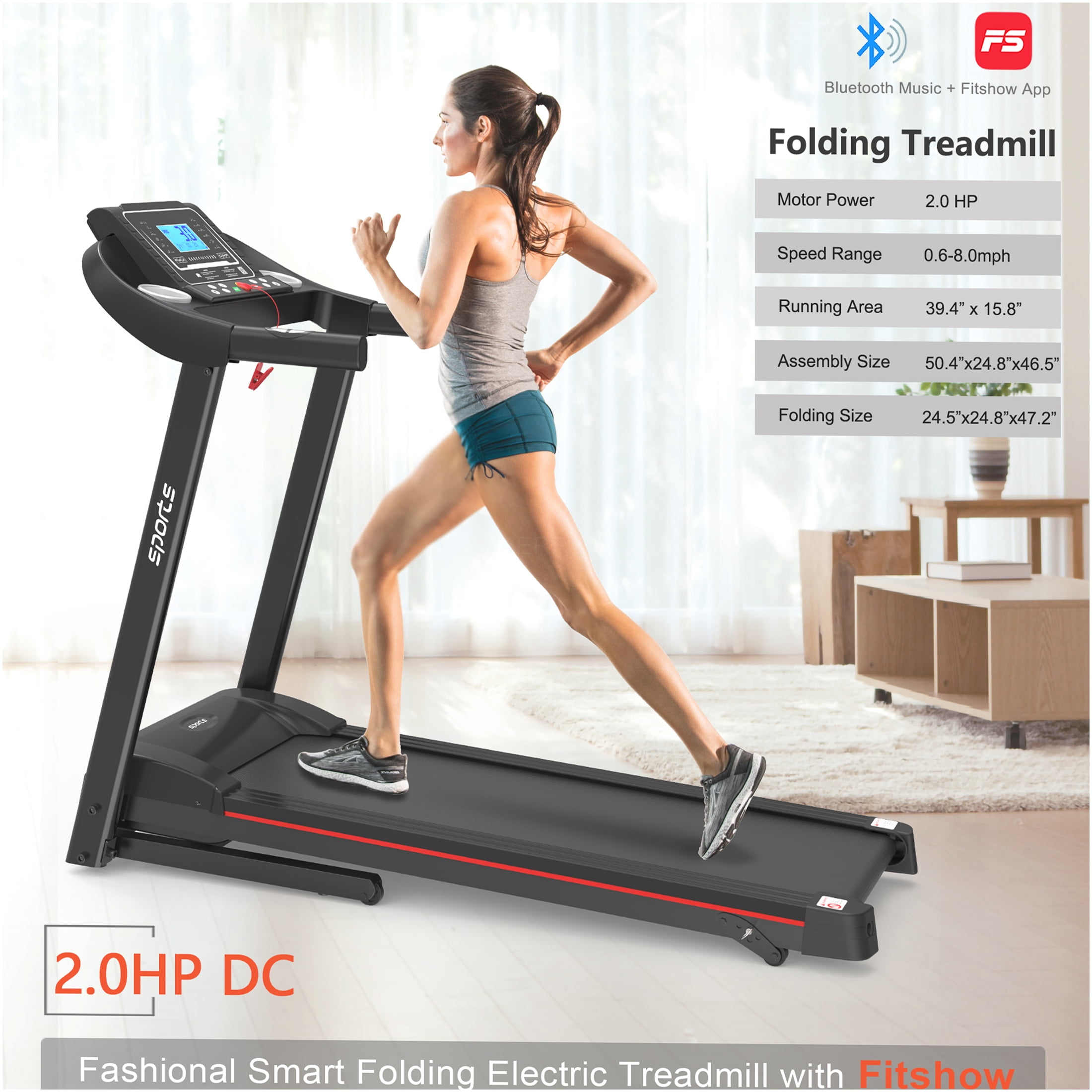 JERFIT Foldable Electric Treadmill with Incline, 2.5HP Motor, 5" LCD Display, Bluetooth, App Control, Compact for Home Cardio Workout, 250LB Capacity