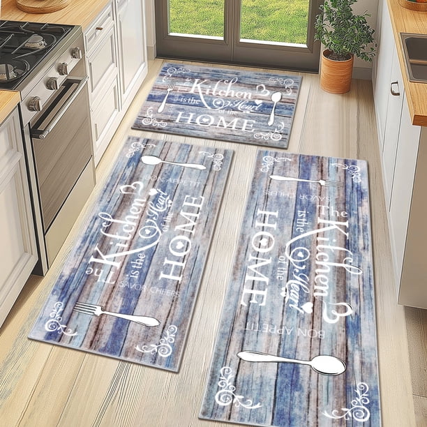 MeyJey Juego de Tapetes de Cocina Estilo Rústico, 3 Piezas Antideslizantes, Lavables a Máquina, para el Piso Del Hogar y la Sala de Estar, Azul Lavado/marrón