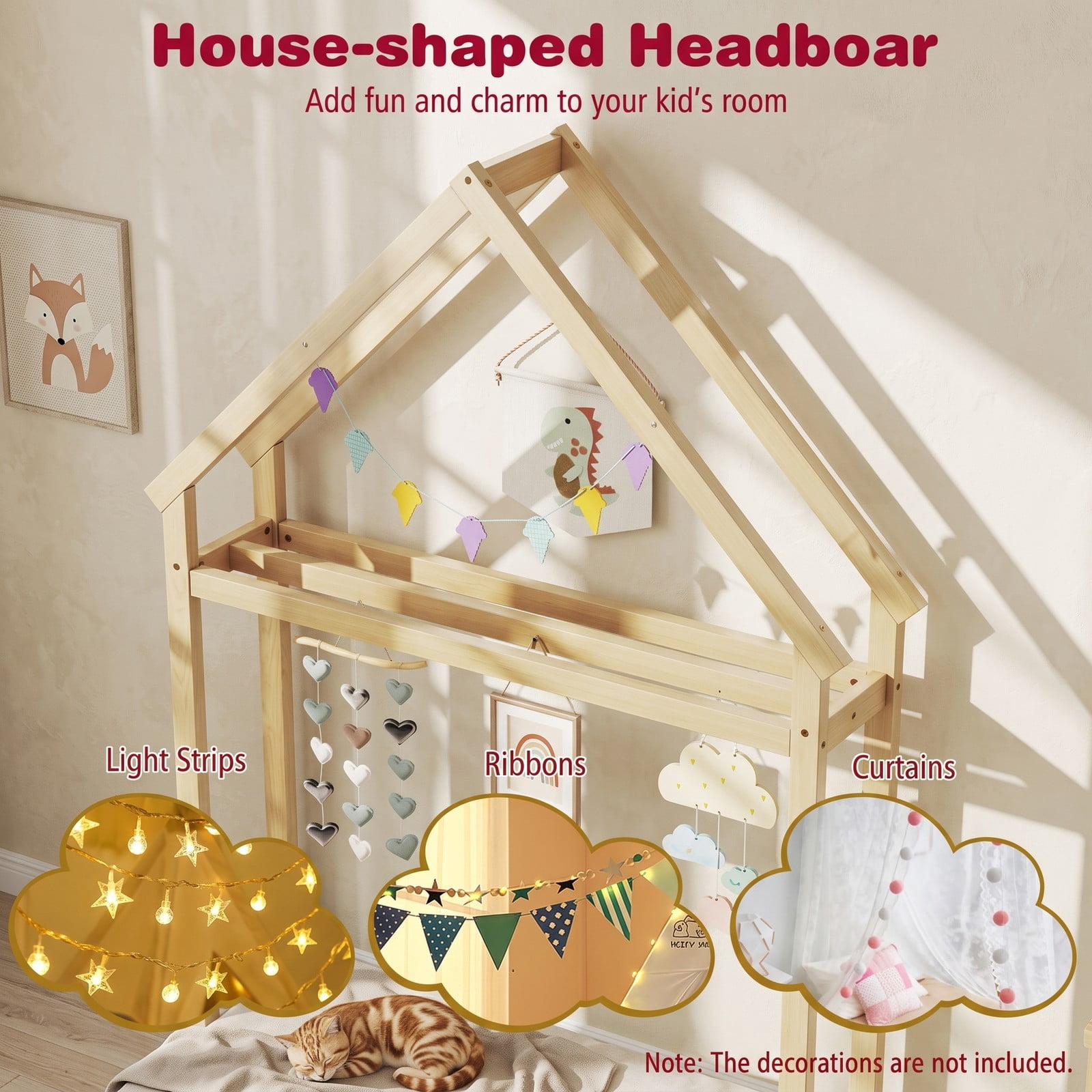 Furnibear Full Size Bed Frame House Floor Bed with House-Shaped Frame and Full-Length Fence Guardrails for Kids Room, Natural