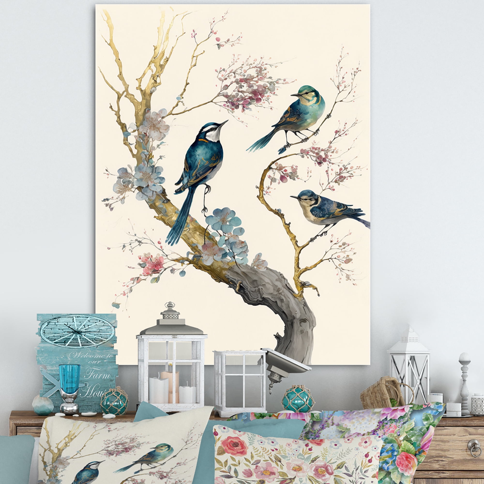 Designart Multicolor Birds On Plum Blossoms Tree XII Canvas Wall Art