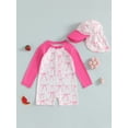 thumbnail image 4 of BemeyourBBs Toddler Baby One Piece Swimsuit with Sunhat Set Infant Girl Bathing Suit Long Sleeve Rash Guard Floral Bow Strawberry Print Half Zipper Swimwear Summer Beachwear, 4 of 9