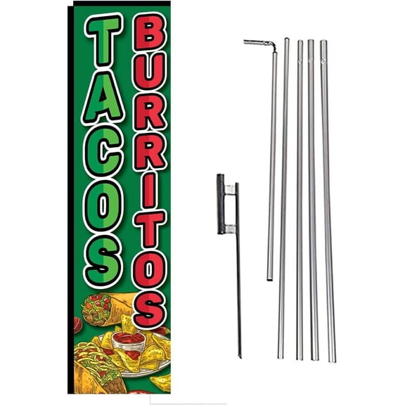 Tacos Burritos Mexican Resturant Advertising Rectangle Feather Banner Swooper Flag Sign with Flag Pole Kit and Ground Stake