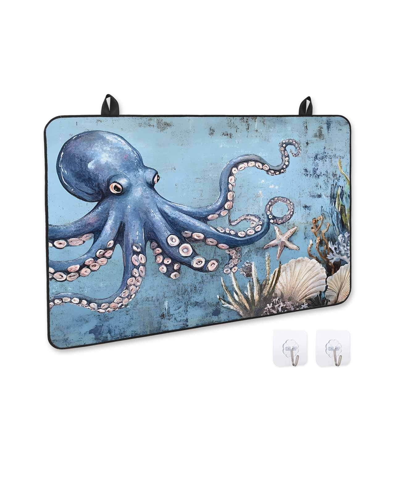 nqOlkjepod Large Induction Cooktop Protector Mat 24"x21", Octopus Stove Top Covers for Electric Stove, Blue Ocean Coastal Starfish Shell Coral Retro Stove Burner Cover Mats, Glass Top Stove Cover