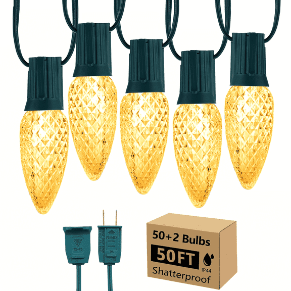 YIMIEMIT C9 50FT 50 2 Shatterproof LED String Lights, Indoor Outdoor Waterproof Holiday Decor.