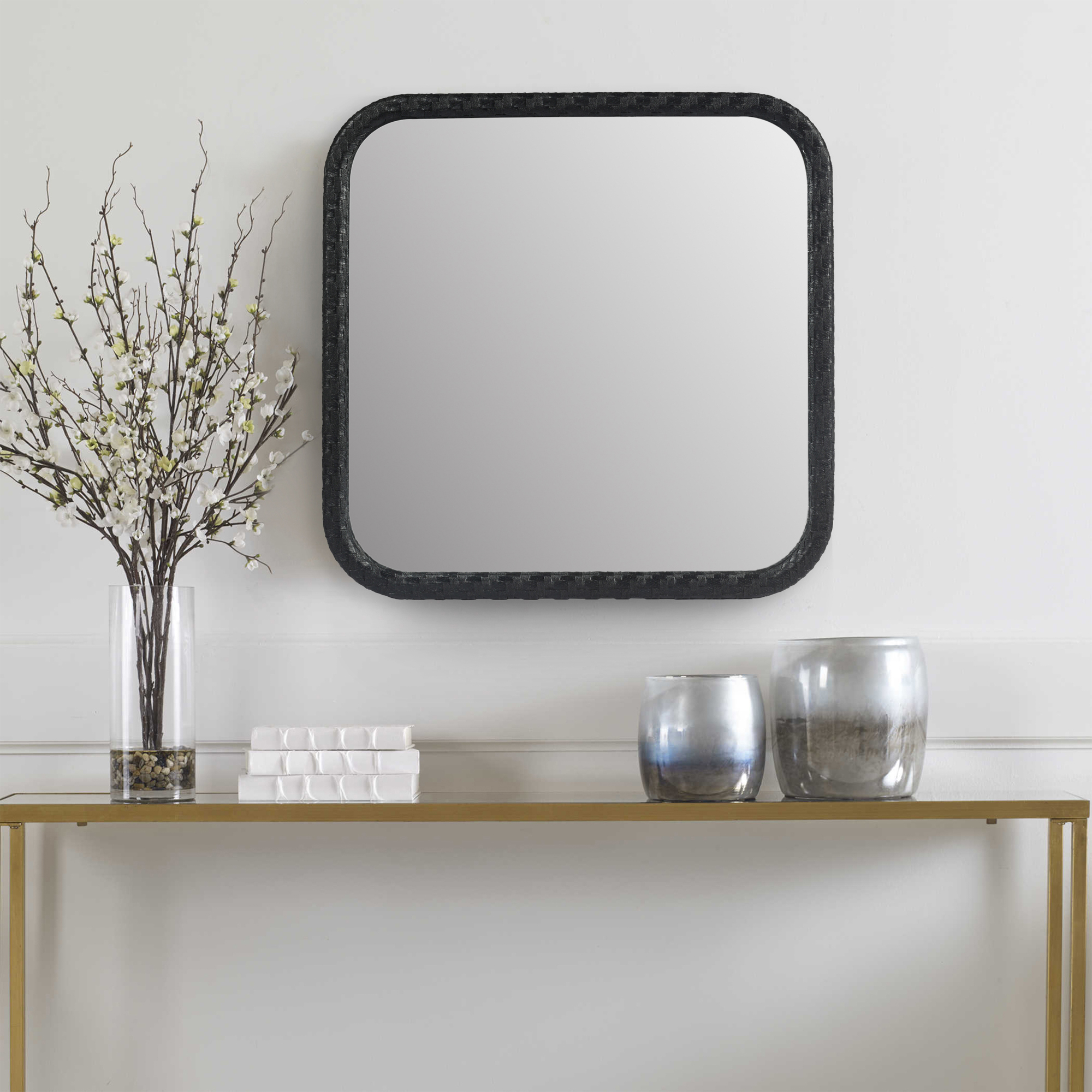 Mordern Square Black Woven Grain Decorative Wall Hanging Mirror,PU Covered MDF Framed Mirror for