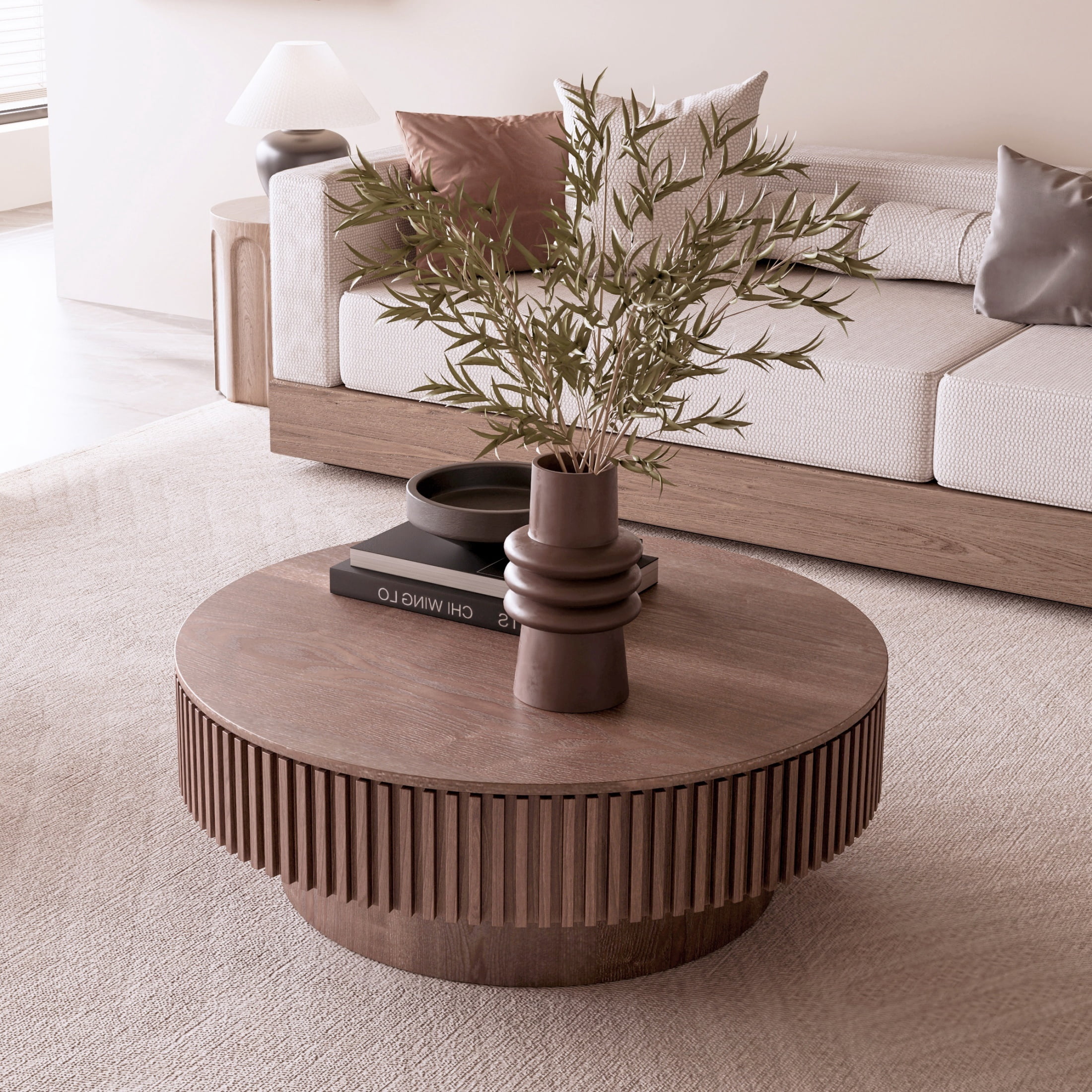 39.37'' Round Coffee Table with Removable Lid & Hidden Storage, Solid Wood Veneered End Table, Fluted Accent Cocktail Table