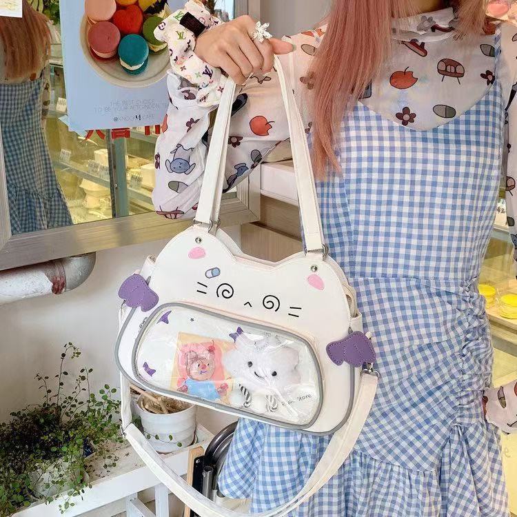 Baguery Kawaii Ita Bag Backpack - Nylon, Cute Cat Insert, Clear Front Pocket, Shoulder/Crossbody, for Otaku Goods/Anime Comic Con