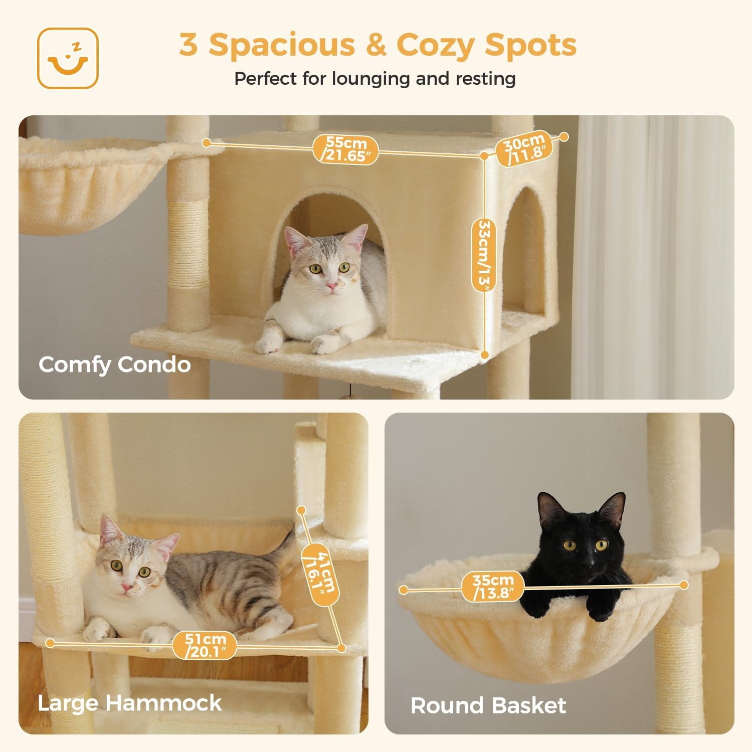 Large Cat Tree, 73 Inches Tall Cat Tower with 1 Large Padded Perch,2 Spacious Hammocks,8 Long Scratching Posts, XL Plush Cat Condo for Indoor Adult Cats,Beige