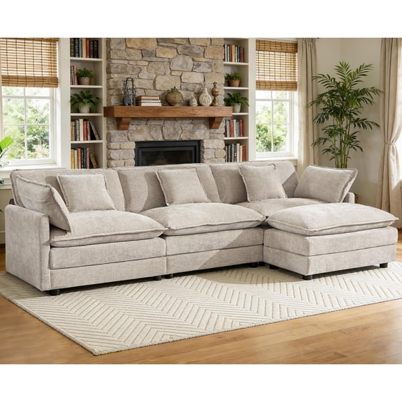 VEPXXP 111.5" Oversized Modular Sectional Cloud Couch for Living Room, Modern Chenille L Shaped Sofa with Deep Seat, Movable Ottoman and Pillows, Camel