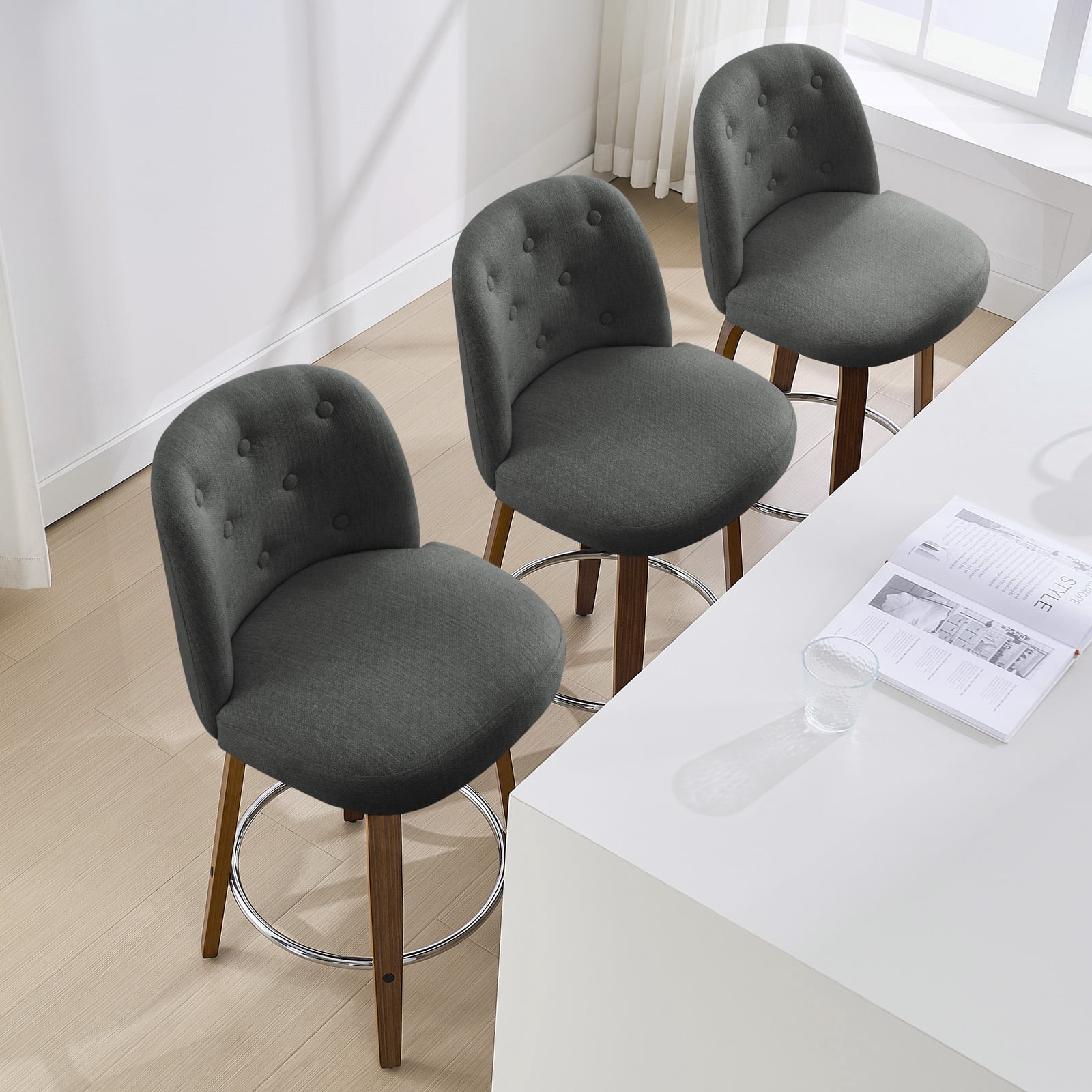 Foreate Swivel Bar Stools Set of 1, 26" Upholstered Linen Fabric with Button-tufted Mid-Back & Wood Legs, Modern Chair Kitchen Pub Island Counter Stool