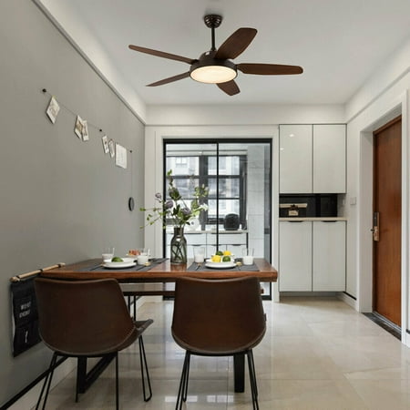 

52-Inch Fan Chandelier-Coffee Ribbon With Remote Control-Wood Fan Leaf Three-Color Dimming 5 Blades Ceiling Fan With LED Light Modern Style Indoor 3 Color Chandelier