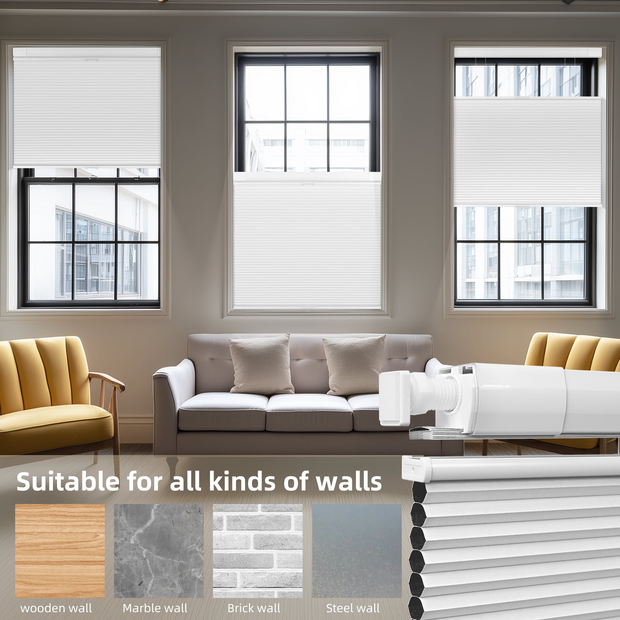BERISSA No Drill No Tools Cellular Shades Top Down Bottom Up Honeycomb Blinds Blackout Cordless Window Blinds Easy to Install Cellular Shade for Windows,White,41" W x 64" H
