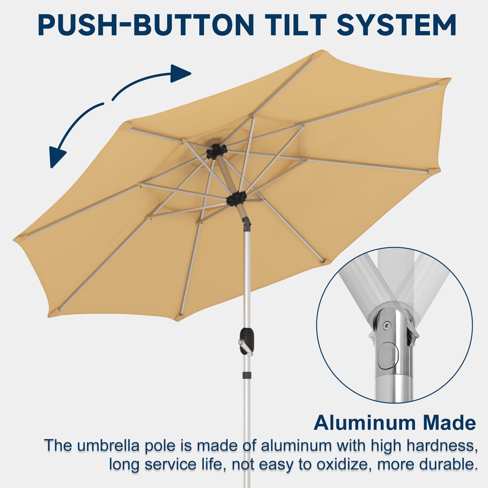9FT 3-Tier Aluminum Outdoor Patio Umbrella, Fade-Resistant Market Umbrella with Push Button Tilt Function, 8 Sturdy All-Aluminum Ribs for Gardens, Patios, Backyards & Pools (Beige)