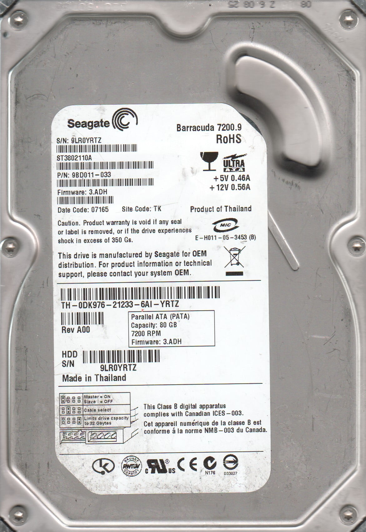 ST3802110A, 9LR, TK, PN 9BD011-033, FW 3.ADH, Seagate 80GB IDE 3.5