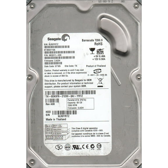 ST3802110A, 9LR, TK, PN 9BD011-033, FW 3.ADH, Seagate 80GB IDE 3.5 Hard Drive