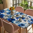 thumbnail image 3 of Blue Flowers Table Cloths for 6 Foot Rectangle Tables, Spring Watercolor Floral Leaves Plants Beige Patio Waterproof Elastic Fitted Tablecloths, Washable Rectangular Table Cover for Camping, 3 of 8