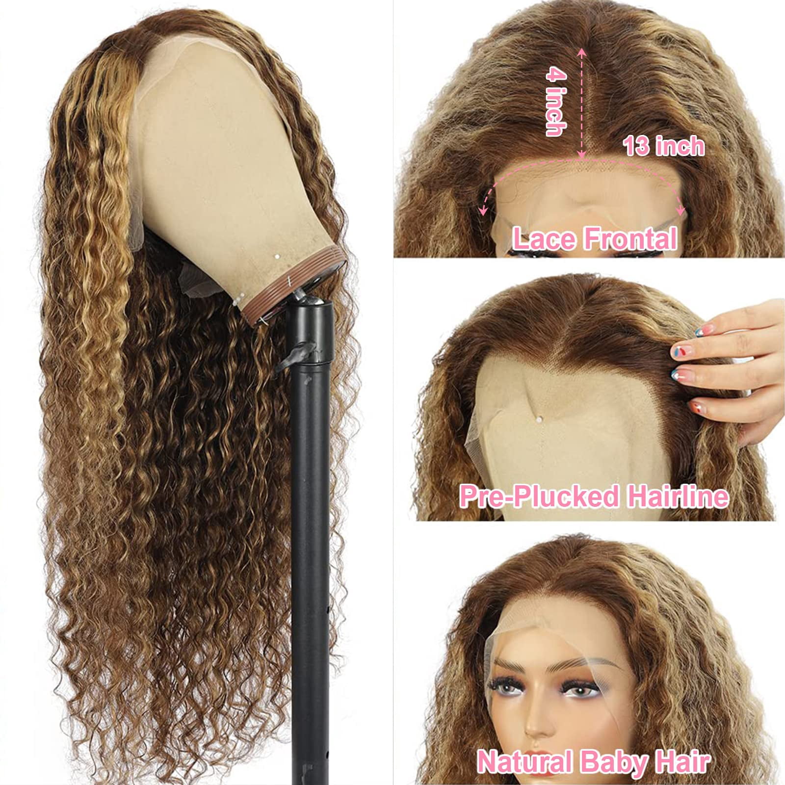 Firstbeauty Highlight Ombre Lace Front Wigs 100% Human Hair 4/27 180% Density Honey Blonde Water wave Wig Human Hair Lace Frontal Wigs 20inch Pre Plucked Wet and Wavy Curly Wigs