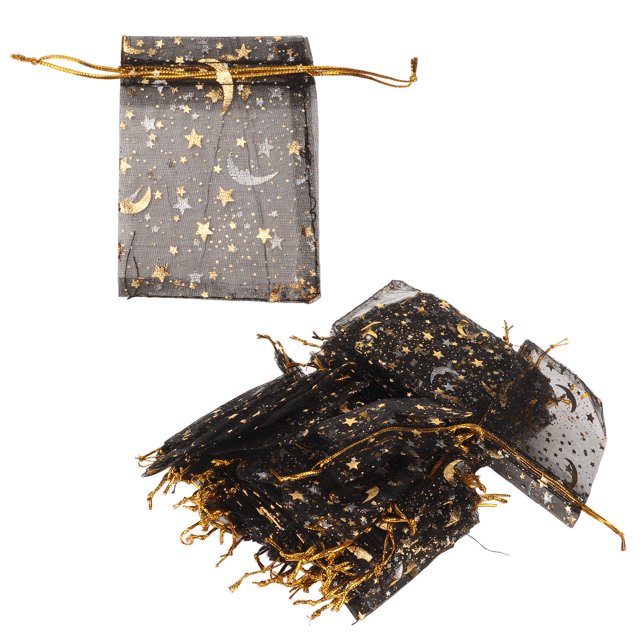 200 unids Moon Star Organza Bolsas 2,8x3.5in Transparente Exquisito Cordón Bolsas de Regalo para el Banquete de Boda Baby Shower Negro