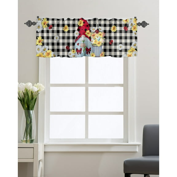 Kitchen Cafe Valance Curtain for Small Windows,Gnome with Spring Flower Ladybug Rod Pocket Short Valances Burlap Linen and Checker Grid Window Treatment Panel for Living Room/Bedroom/Bathroom,54x18in