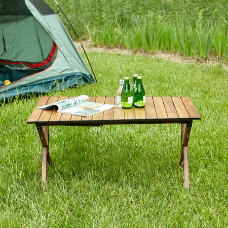 CoSoTower 1-Piece Folding Outdoor Table, Lightweight Aluminum Roll-Up Rectangular Table for Indoor, Outdoor Camping, Picnics, Beach, Backyard, Bbq, Party, Patio, Brown