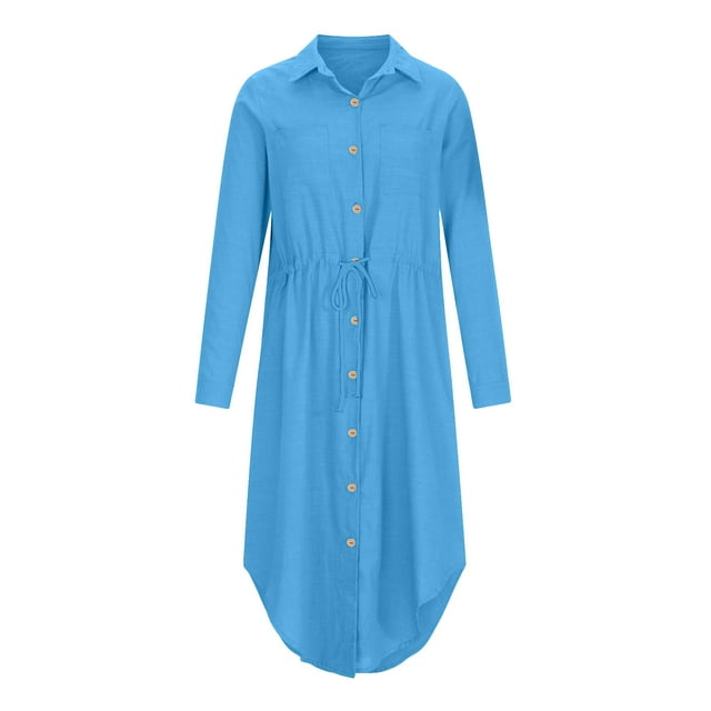 Pisexur Womens Summer Dresses 2024 Cotton Linen Button Down Short Sleeve Shirt Dress Drawstring V Neck Solid Color Formal Dress Casual Tummy Control Flowy Sundress Plus Size S-5XL