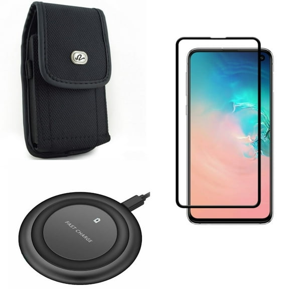 Galaxy S10e Screen Protector w Wireless Charger w Case Belt Clip - Tempered Glass 5D Curved Edge, Fast 7.5W and 10W Charging Pad, Rugged Holster Canvas for Samsung Galaxy S10e Phone