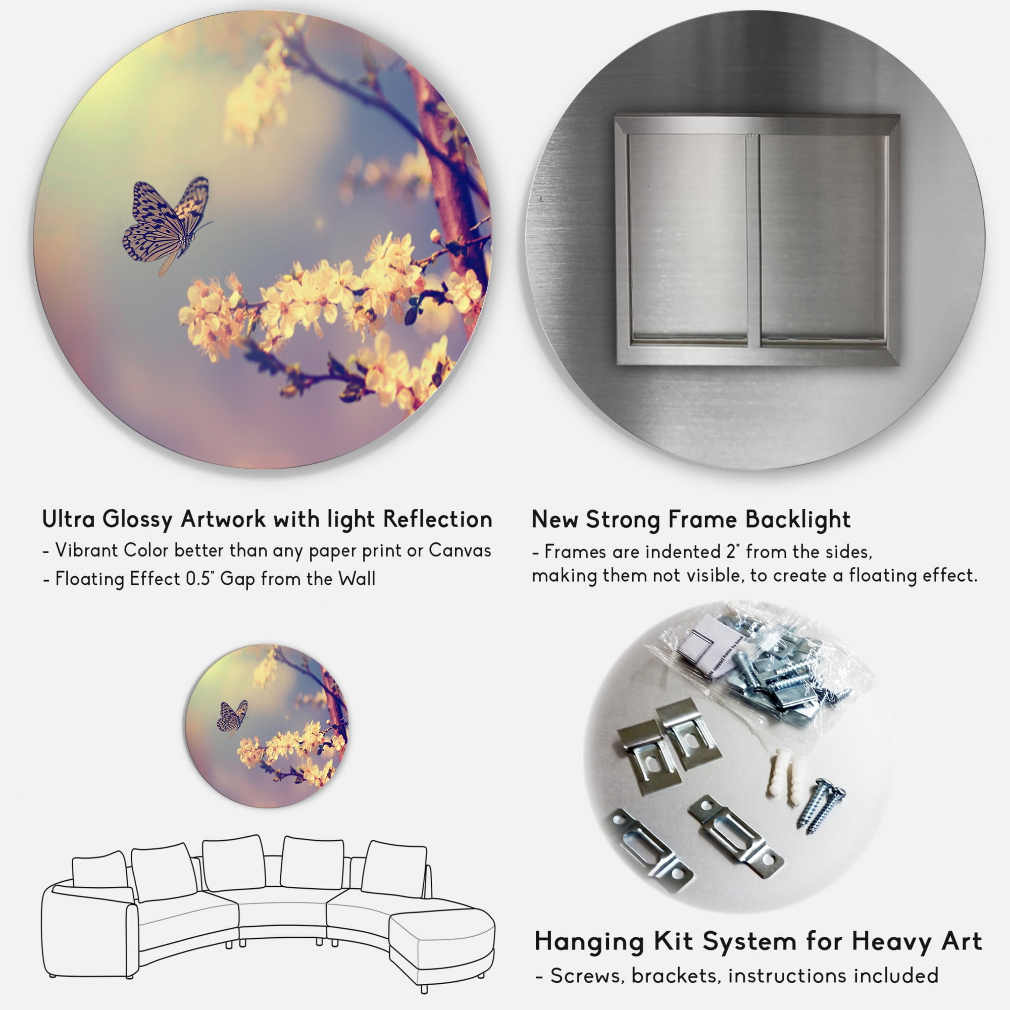 Designart 'Ancient Butterfly Flying To A White Flower' Traditional Circle Metal Wall Art 29x29 - Disc of 29