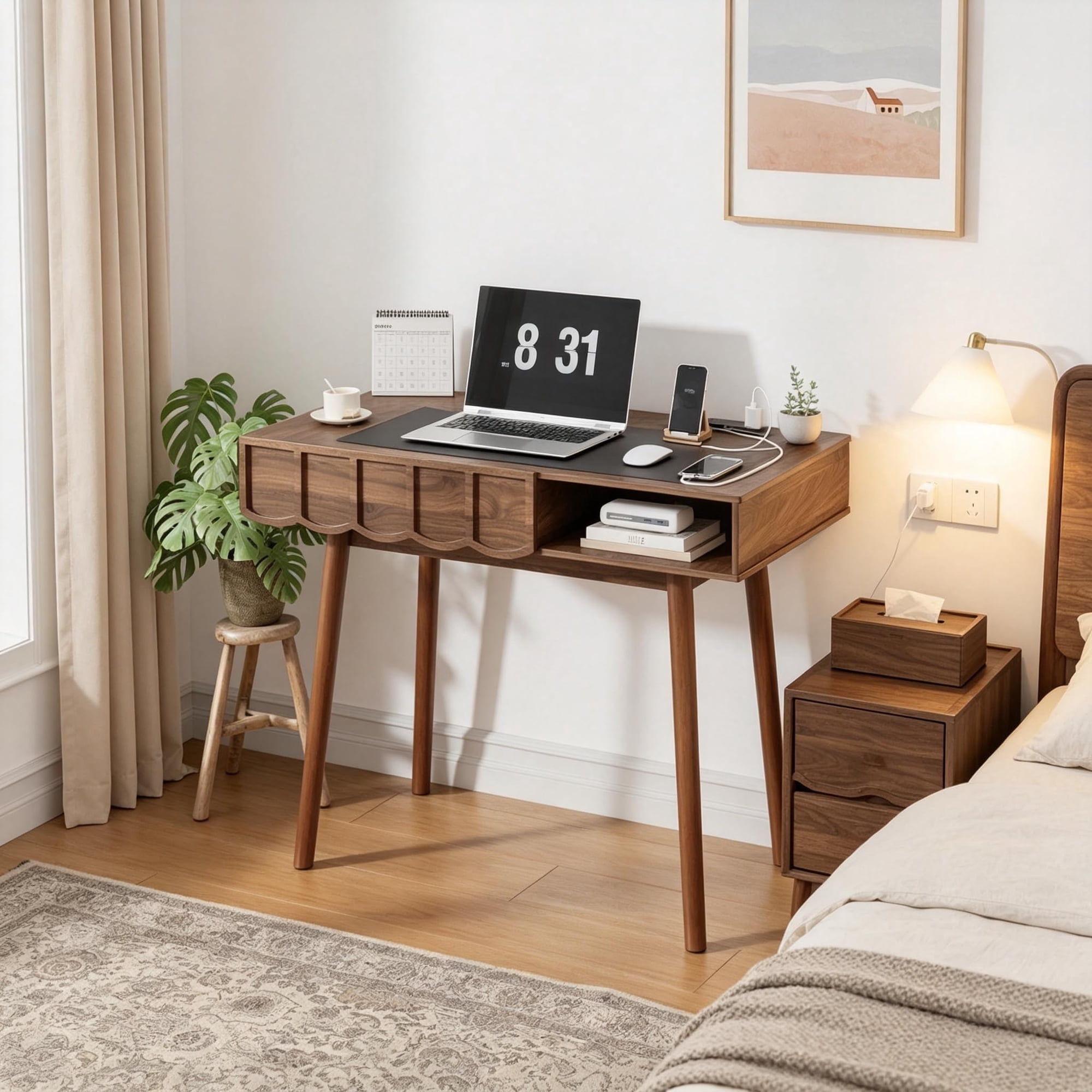 Mid Century Modern Desk 43 Small Wooden Desk for Bedroom Home Office Desk Vintage Writing Desk with Drawer & Storage Shelf Walnut Computer Table Elegant Vanity for Study Living Room Small Space