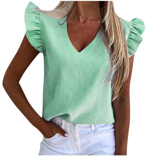 Blusa de manga corta sin mangas con volantes y cuello en V a rayas de verano para mujer Fridja bn2069