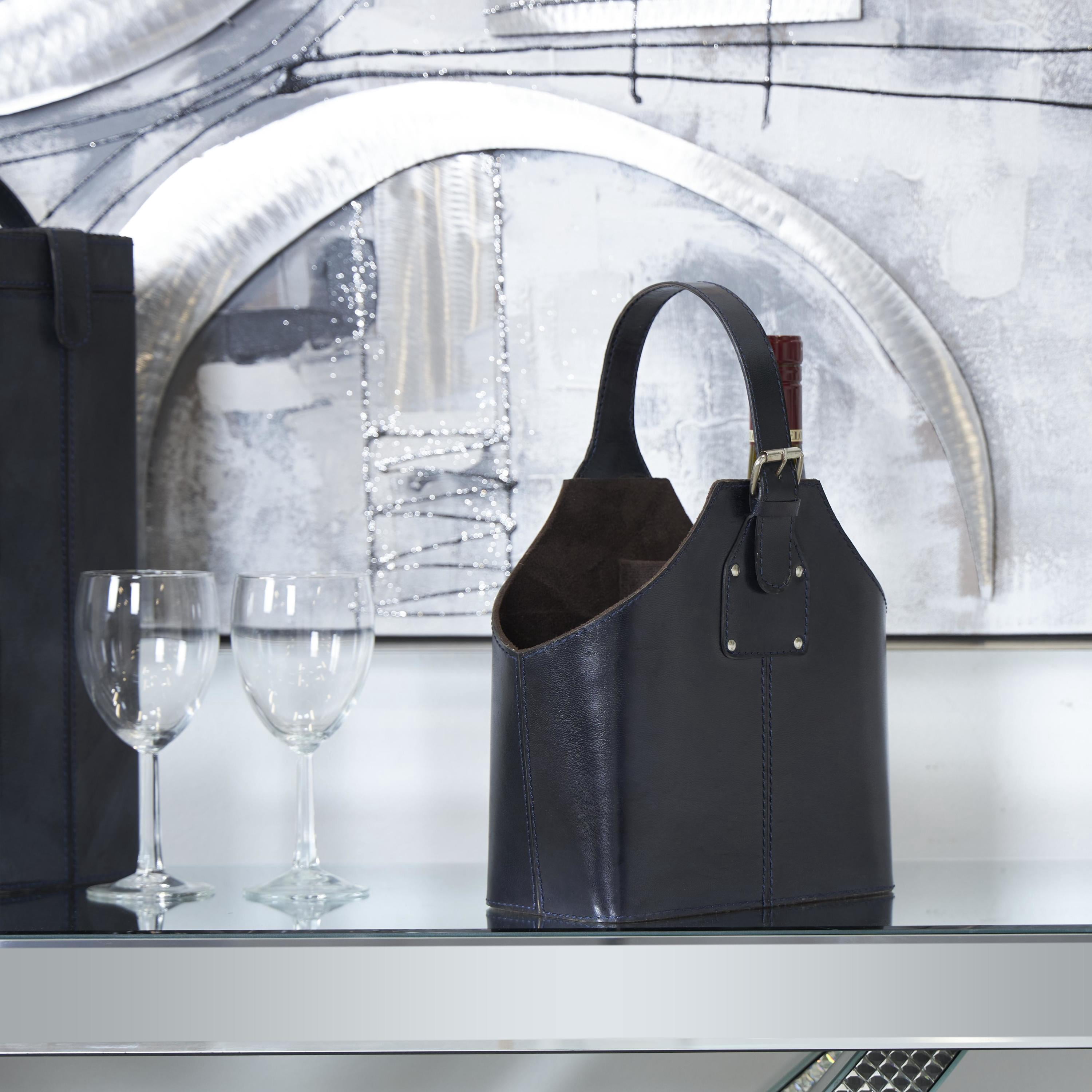 DecMode 10" x 13" Dark Blue Leather Handmade 2 Bottle Wine Holder with Carrying Handle, 1-Piece