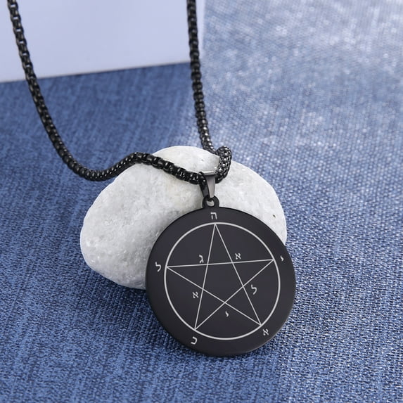EUEAVAN Wicca Key of Solomon Pentacle Stainless Steel Talisman Men Black Necklace