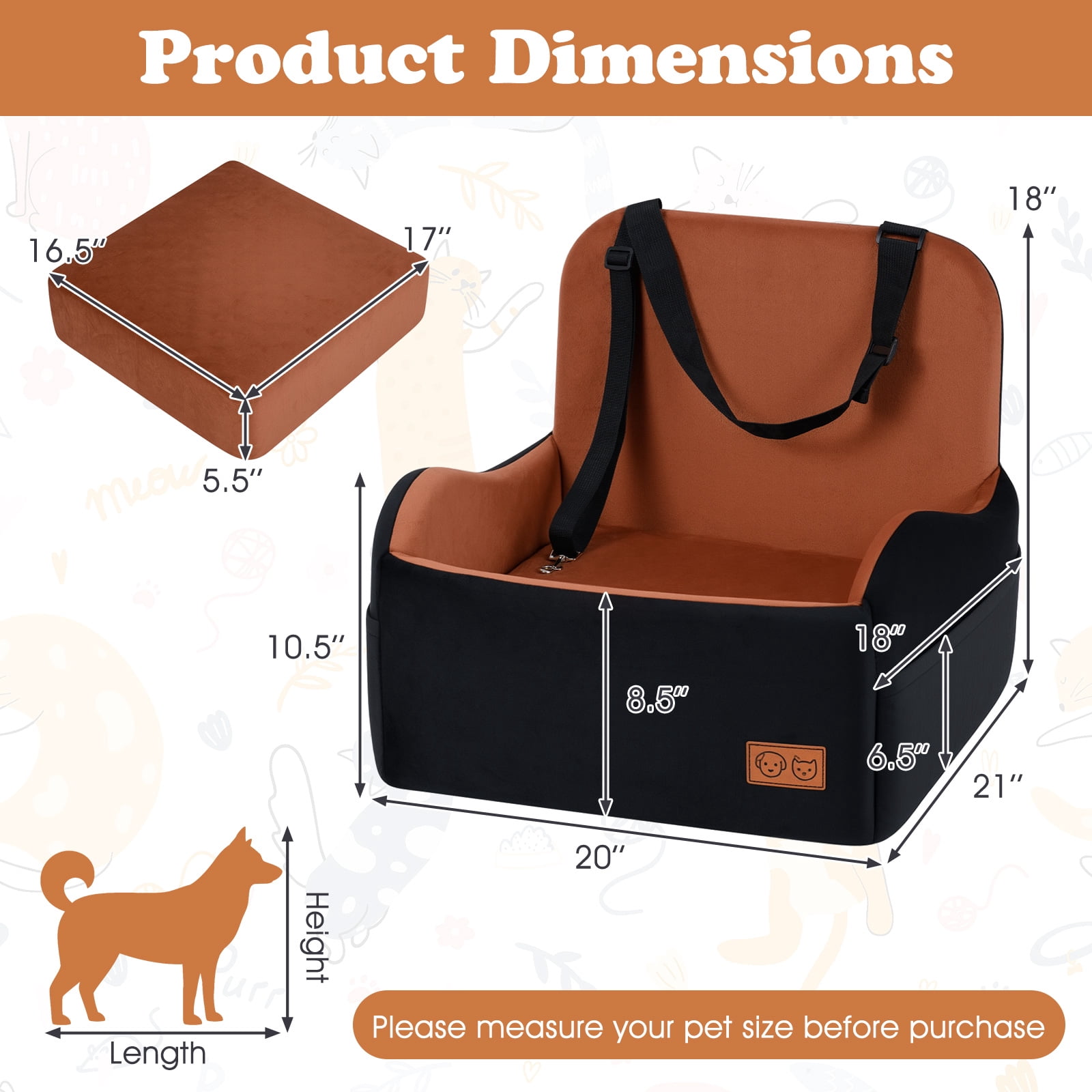 Gymax Dog Booster Car Seat for S/M DogsDetachable Elevated Pet Seat Fits Front & Back