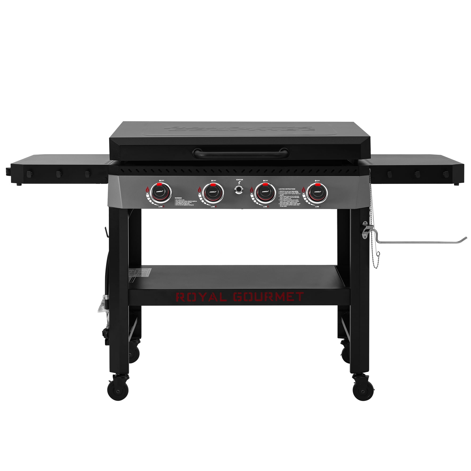 Royal Gourmet GB4005P 34-Inch 4-Burner Gas Griddle with Hood, Griddle with Collapsible Side Shelves and Storage Basket,Black