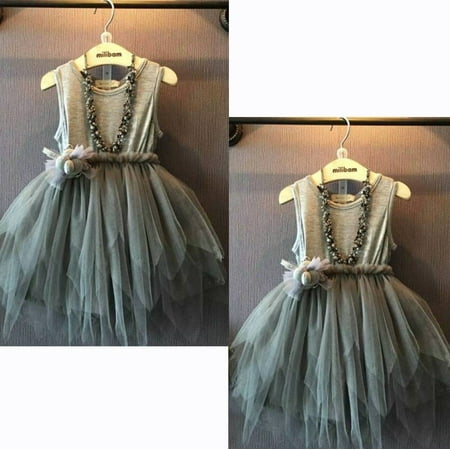 Fashion Girls Clothes Kids Vintage Gray Sleeveless Tulle Skirt Kids Party Dress 2-7