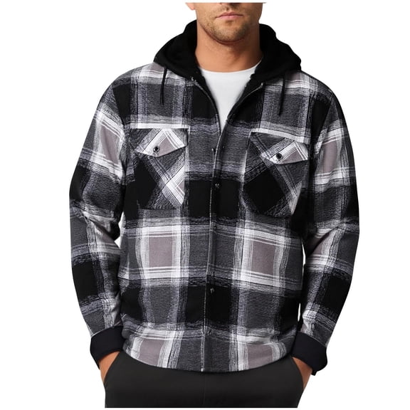 BXINGOHAI Men's Long Sleeve Sherpa Lined Shirts Outdoor Warm Flannel Plaid Jacket Button Down Fleece Coats Gray S