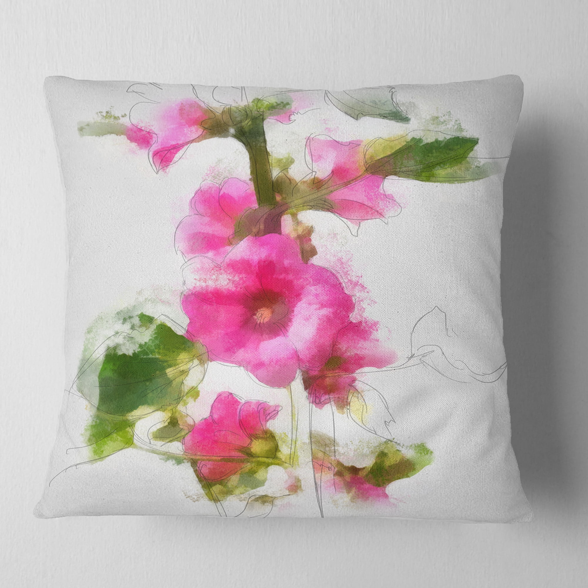 Designart Pink Flower with Stem and Leaves - Floral Throw Pillow - 16x16