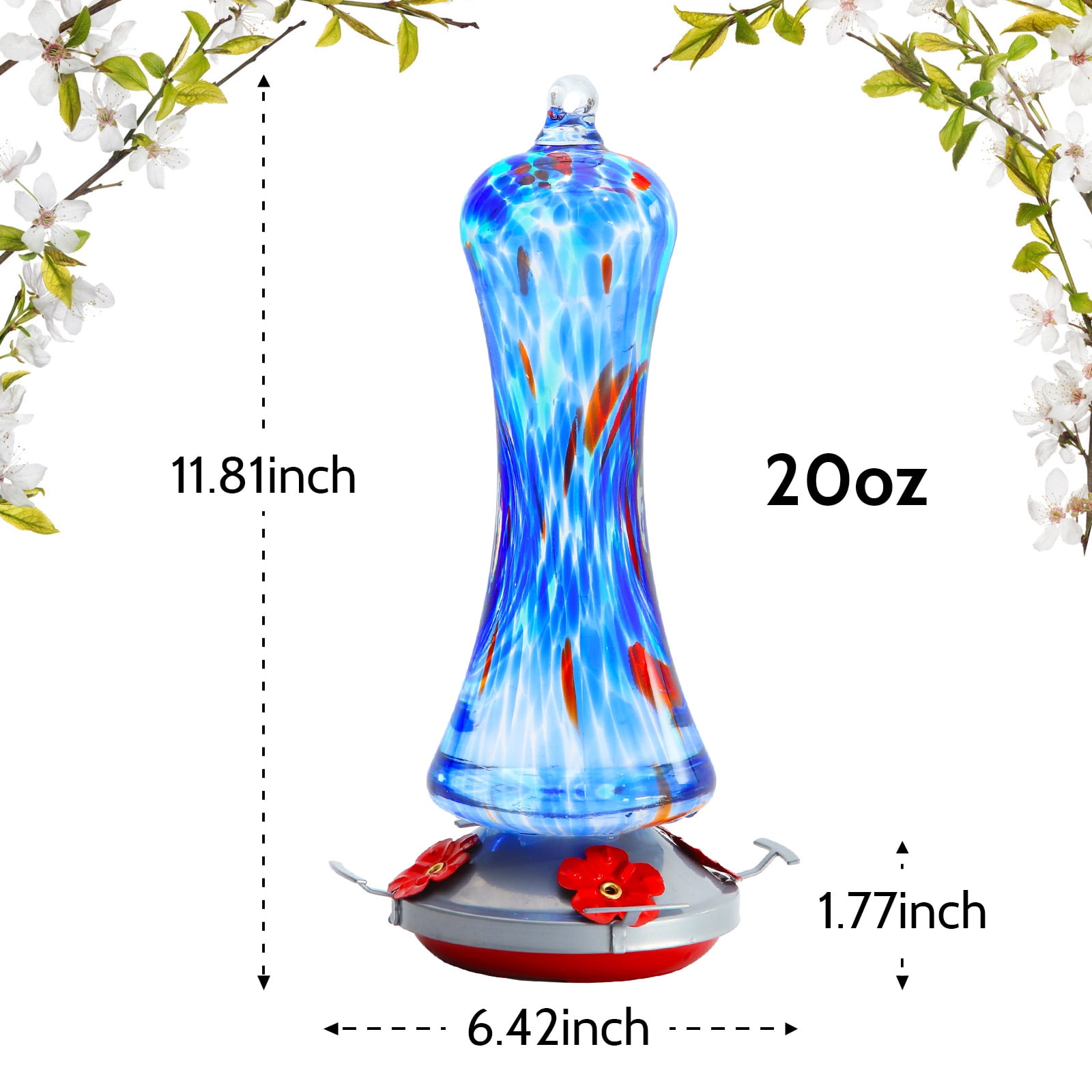 Birdkiss Hand-Blown Glass Hummingbird Feeder 16 oz for Garden Backyard Patio Decor with Ant Moat, Leak Proof & Rustproof, 5 Feeding Ports & 5 Perches