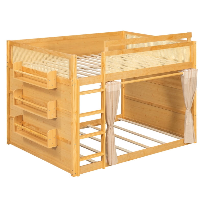 Full Size Bunk Bed with 3-Tier Storage Shelf, Rattan-Style Decor, Privacy Curtains and LED Light Strip, Modern Wood Full Over Full Bunk Bed Frame for Kids Teens