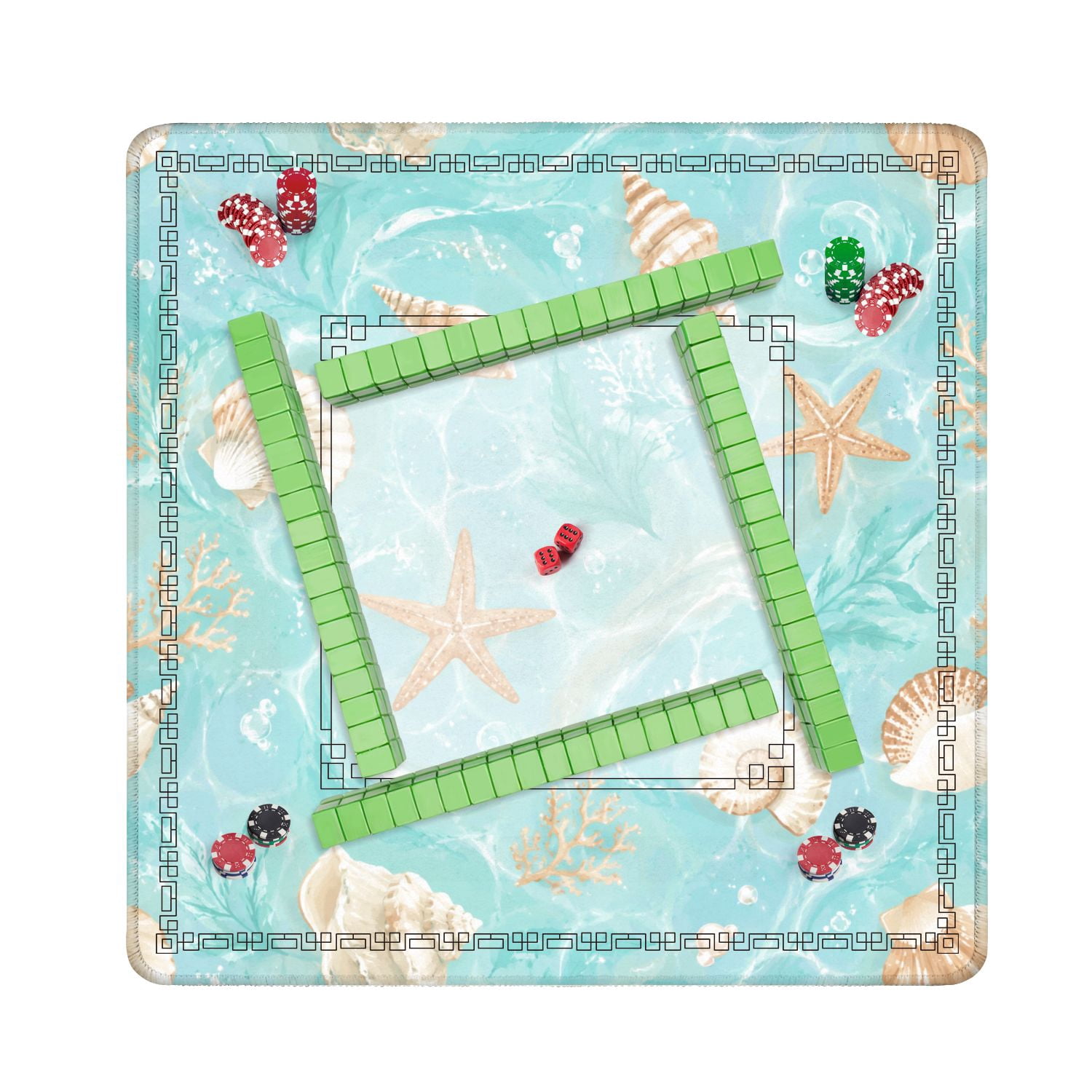 Mahjong Mat 31.5" x 31.5" Seashell Starfish Turquoise Ocean Non-Slip Noise Reduction American Mahjong Tiles Table Cover for Dominoes Poker Card Board Games Gift