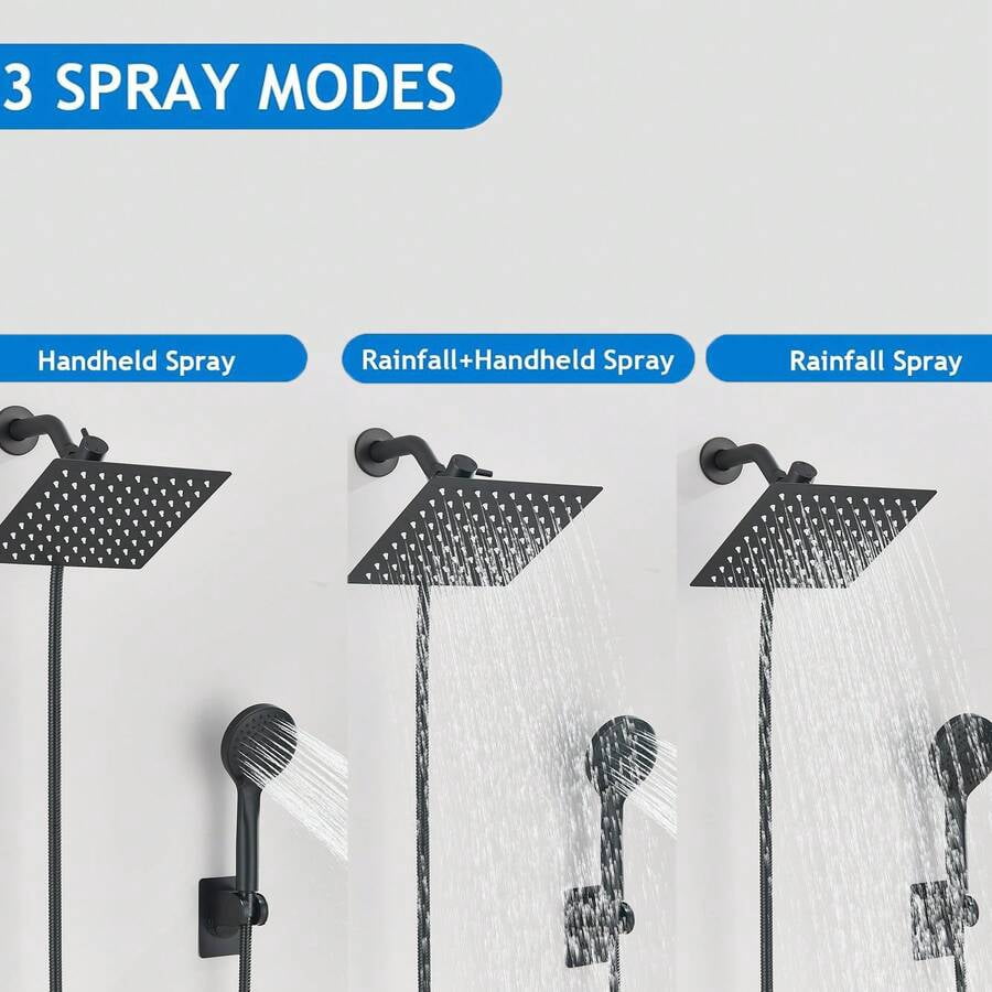 Shower Head Combo,8/10/12" Rain Square Shower Head  With 9 Inch Adjustable Extension Arm And 3 Settings Handheld Spray,150cm Long Hose