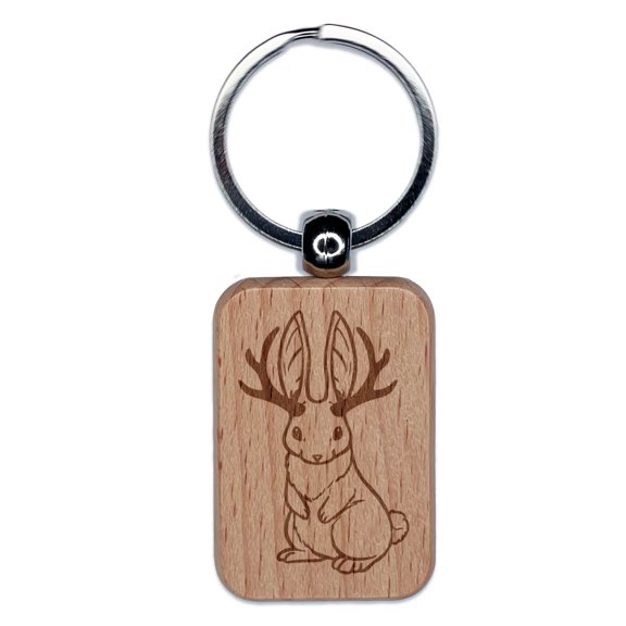 Standing Jackalope Mythical Rabbit with Antlers Rectangle Keychain Charm Tag - Engraved Wood