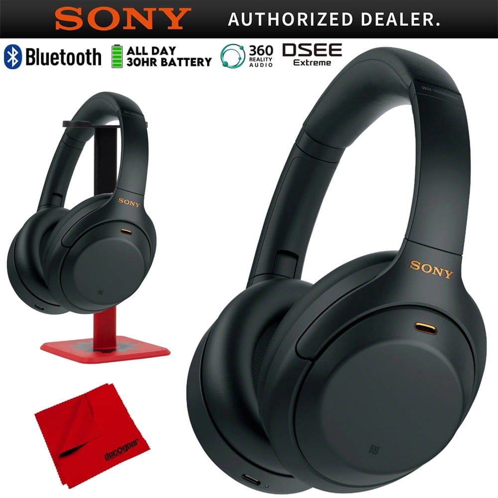 Sony WH1000XM4/B Premium Noise Cancelling Wireless Over-the-Ear Headphones Bundle with Deco Gear Pro Audio Headphone Stand + Microfiber Cleaning Cloth