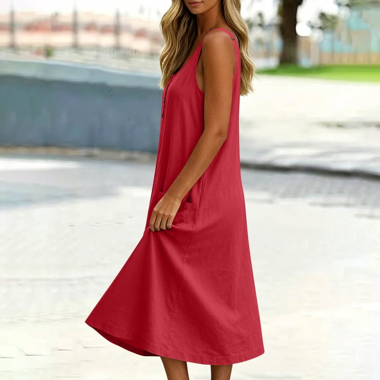 red cotton sleeveless dress Red Cotton Linen Midi Dress - Sleeveless Pleated with Belt Waist 2802