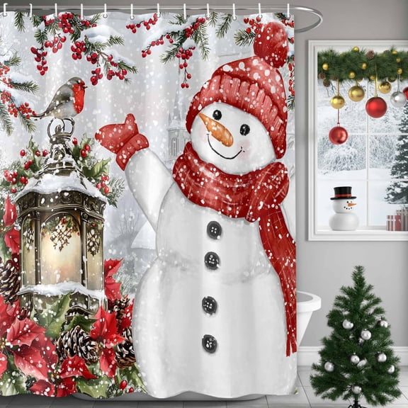 Christmas Snowman Shower Curtains for Bathroom, Winter Berries Red Bird Flowers Snowflakes Waterproof Fabric Shower Curtain for Bathroom Bathtub Decoration, Machine Washable, 54x"78"